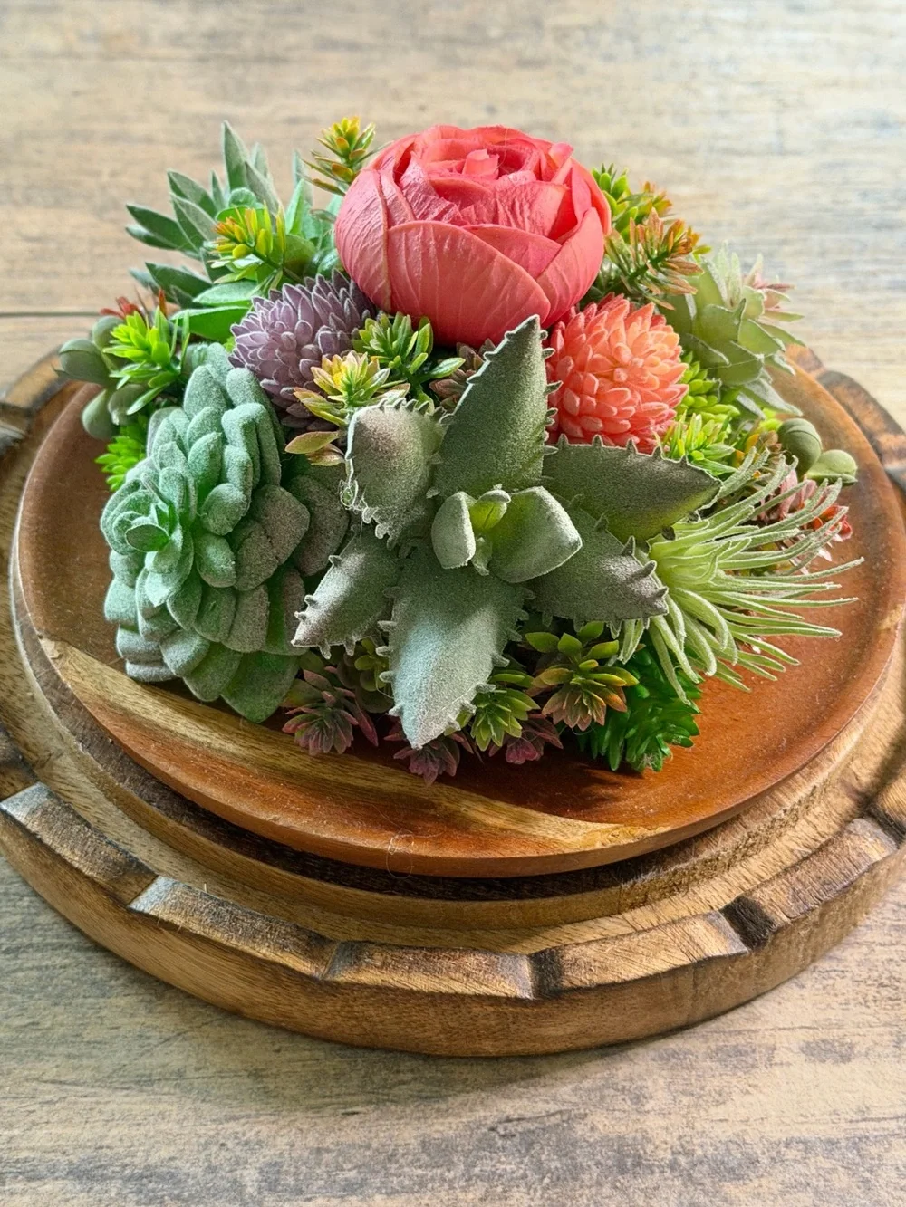 Handcrafted Artificial Succulent Plant and Pink Rose Centerpiece